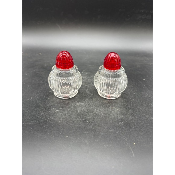 Vintage Ribbed Clear Glass Salt and Pepper Shakers with Red Plastic Lids Set - Picture 2 of 7